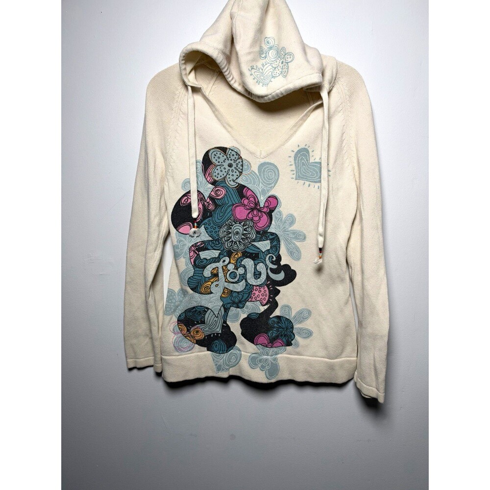 Disney Parks Minnie Mouse Love Ivory Graphic Pullover Hooded Sweater Women M